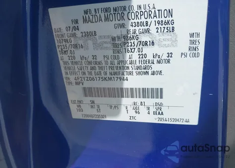 2005 Mazda Tribute S z USA, uszkodzony, nr VIN 4F2YZ06175KM17944